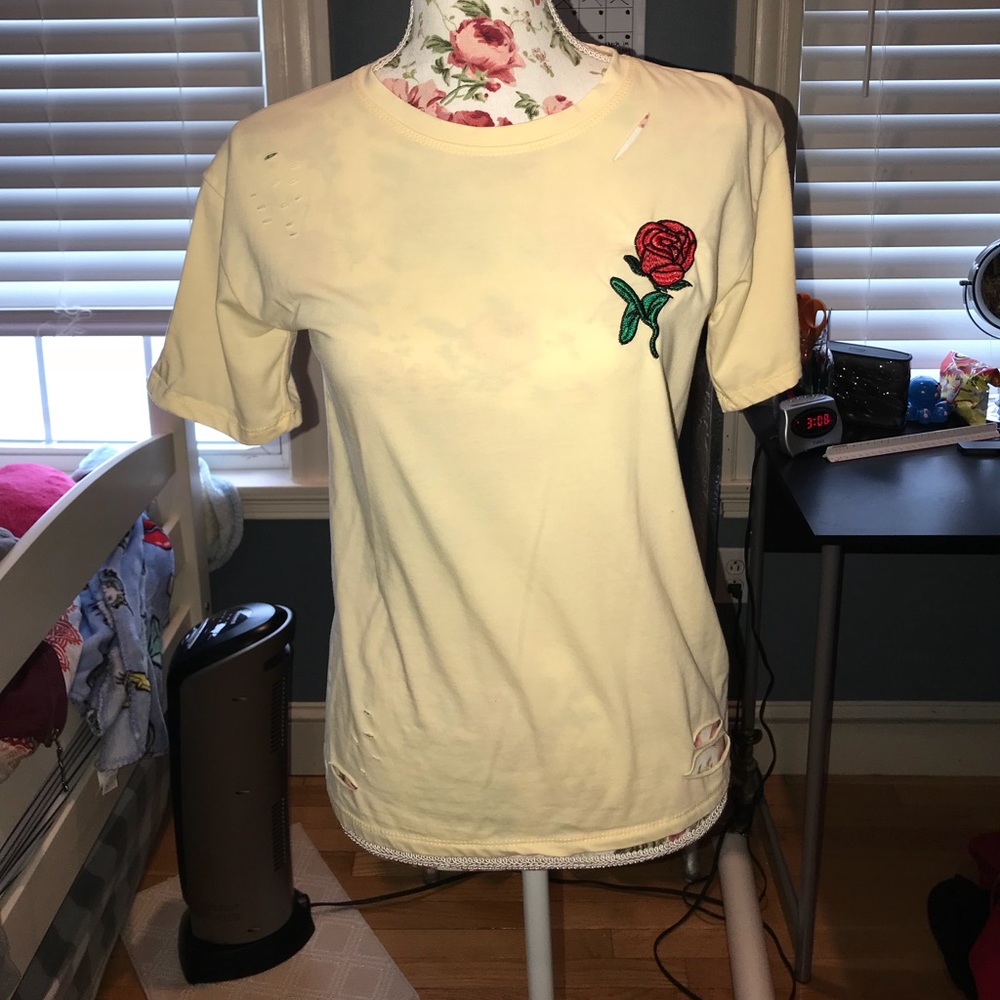 Pale yellow distressed tee with rose